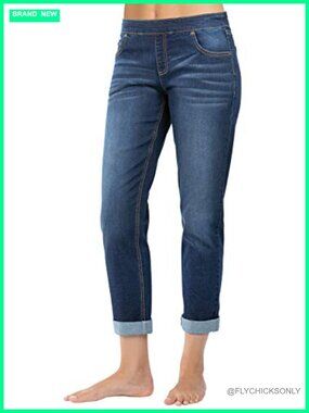 Pull-Up Boyfriend Jeans Women Elastic Waist Drawstring Faux Fly Relaxed Fit